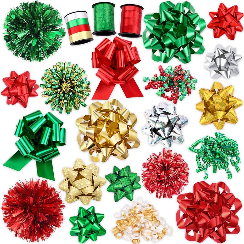 YUJUN 23PCS Christmas Gift Bows Decoration Set Xmas Pull Paper Present Bows Assortment with Christmas Gift Ribbons Wrapping Bows for Christmas New Year Wedding Decoration(Red Green) - Image 1
